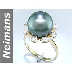 12.5 MM Black Tahitian Pearl & Diamond Ring 14kt Gold
