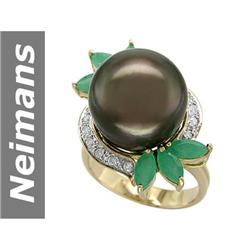 14.50 MM Black Tahitian Pearl & Emerald & Diamond Ring 14kt Gold
