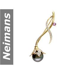 15.0 MM Black Tahitian Pearl & Pink Sapphire & Diamond Brooch 14kt Gold