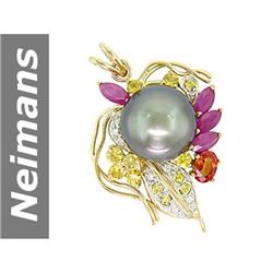 14.0 MM Black Tahitian Pearl , Ruby , Songea & Yellow Sapphire & Diamond Pendant 14kt Gold