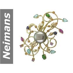 15.0 MM Apatite , Black Tahitian Pearl , Blue, Orange, Pink Sapphire , Chrome Diopside & Ruby Brooch