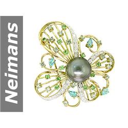 14.50 MM Apatite , Black Tahitian Pearl , Green Sapphire & Tsavorite & Diamond Brooch 14kt Gold