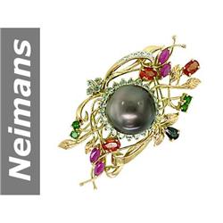 16.5 MM Black Tahitian Pearl , Chrome Diopside , Green Sapphire , Ruby & Songea & Diamond Brooch 14k