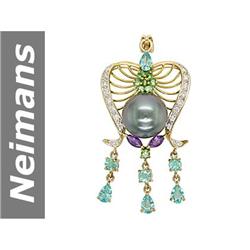 14.5 MM Amethyst , Apatite , Black Tahitian Pearl & Tsavorite & Diamond Pendant 14kt Gold