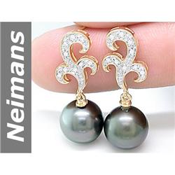 11.5 MM Black Tahitian Pearl & Diamond Earrings 14kt Gold