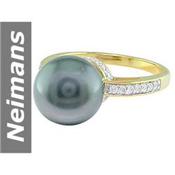 11 MM Black Tahitian Pearl & Diamond Ring 14kt Gold