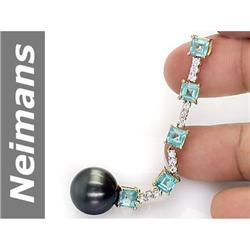 14.5 MM Apatite , Black Tahitian Pearl & White Sapphire Pendant 14kt Gold