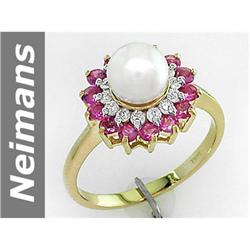 7 MM Culture Pearl & Ruby & Diamond Ring 14kt Gold