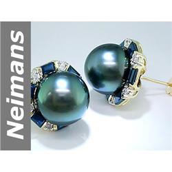 12.5 MM Black Tahitian Pearl & Sapphire & Diamond Earrings 14kt Gold