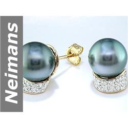 9.5 MM Black Tahitian Pearl & Diamond Earrings 14kt Gold