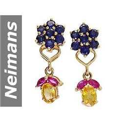 3.5 ct Blue, Yellow Sapphire & Ruby Earrings 14kt Gold