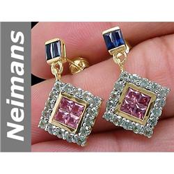 3.75 ct Blue, Green Sapphire & Violet Red Spinel Earrings 14kt Gold