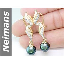 9.5 MM Black Tahitian Pearl & Diamond Earrings 14kt Gold