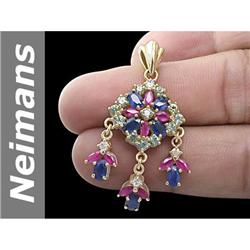 6.06 ct Blue, Green, White Sapphire & Ruby Pendant 14kt Gold