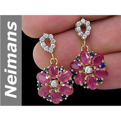 8.88 ct Blue, White Sapphire & Ruby Earrings 14kt Gold