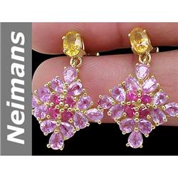 9.2 ct Pink, Yellow Sapphire & Ruby Earrings 14kt Gold