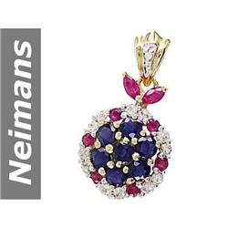 3.11 ct Blue, White Sapphire & Ruby & Diamond Pendant 14kt Gold