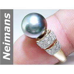 11 MM Black Tahitian Pearl & Diamond Ring 14kt Gold