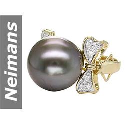 15.5 MM Black Tahitian Pearl & Diamond Ring 14kt Gold