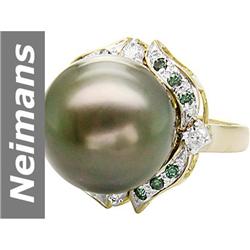 15.5 MM Black Tahitian Pearl & Blue Diamond & Diamond Ring 14kt Gold