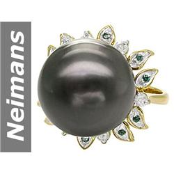 15.5 MM Black Tahitian Pearl & Blue Diamond & Diamond Ring 14kt Gold