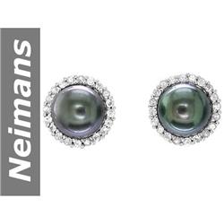 11 MM Black Tahitian Pearl & White Sapphire Earrings 14kt Gold