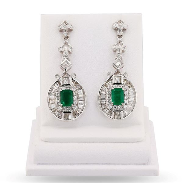 2.25 ctw Emerald and 2.55 ctw Diamond 14K White Gold Earrings