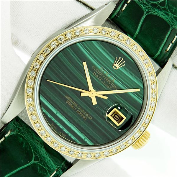 Rolex Datejust Mens 36 Green Malachite Diamond Bezel 18K/SS Oyster Perpetual