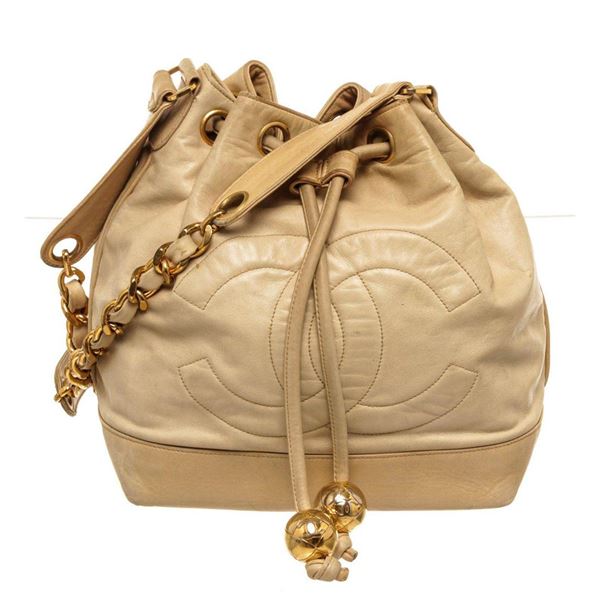 Chanel Beige Leather Drawstring Bucket Bag