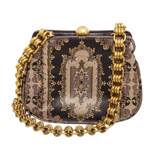 Tory Burch Black Leather Gold Gilded Pattern Small Shoulder Bag