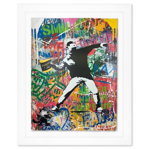 Mr. Brainwash, "Banksy Thrower" Framed Original Mixed Media, Hand Signed with Ce
