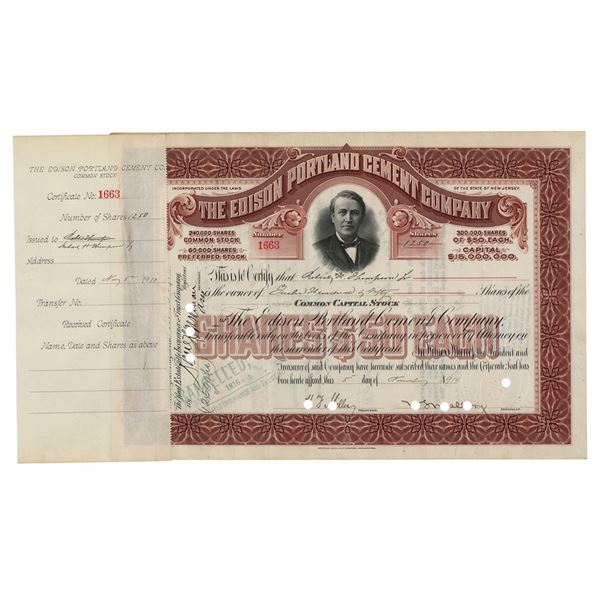 Thomas Edison Portland Cement Company Stock Certificate