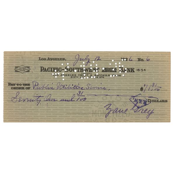 Zane Grey Signed Check
