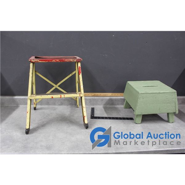 Vintage Wooden Step Stool & Metal 2-Step Stool