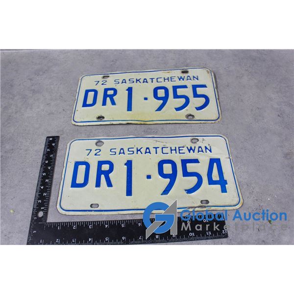 (2) Sequential 1972 SK DR License Plates