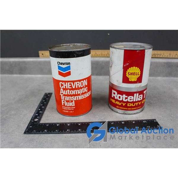 Chevron Quart Transmission Fluid Tin & Shell Rotella Cardboard Quart w/Contents