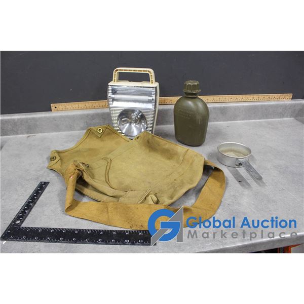 Canvas Field Bag, Plastic Canteen, Vintage Battery Operated Lantern