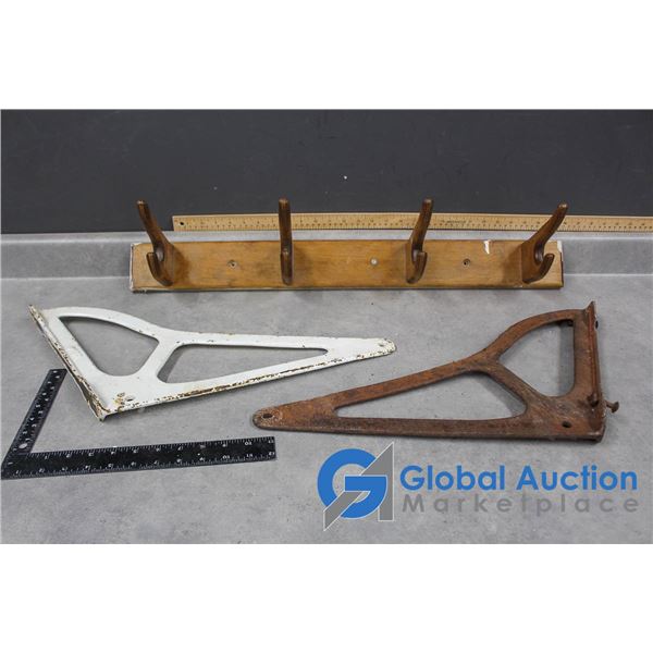 (2) 16  Heavy Steel Shelf Brackets & Wood 4-Hook Coat Hook