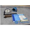 Polaris Clockwork Alarm Clock, Small Enamel Pitcher, PO Books, Cast Train Body