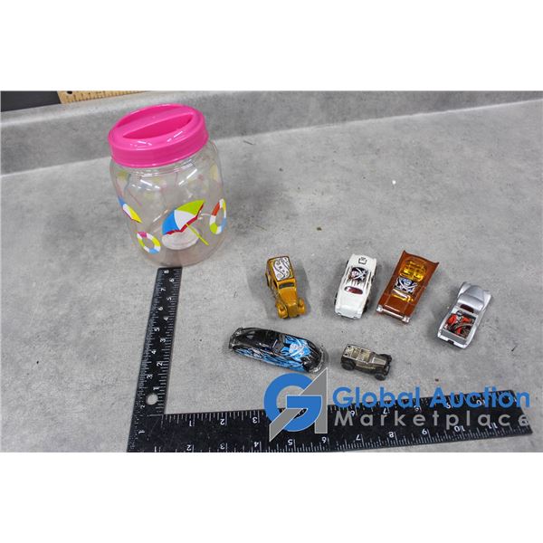 Plastic Canister w/(5) Hot Wheels Cars