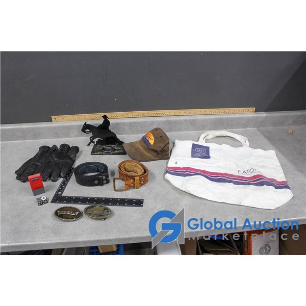 (2) Leather Belts, Belt Buckles, Eaton's Shopping Bag, Metal Cowboy Silhouette & More