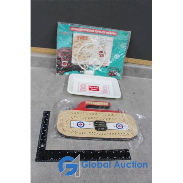 Curling Rock Cribbage Board w/Pegs, Vancouver Grizzlies Collectible, Campbells Soup Tray