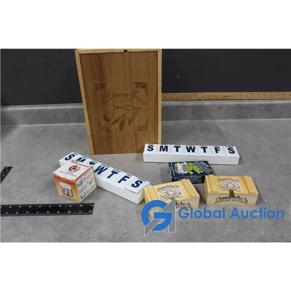 (2) Weekly Medication Organizers, (2) Small Wood Crates, Large Wood Crate w/Lid