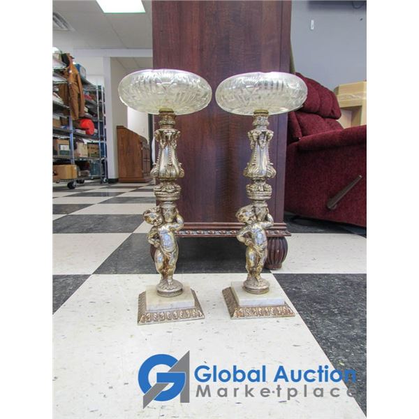 (2) Antique Ornate Cherub Ashtrays w/Marble Base & Crystal Tops BID PRICE X2