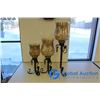 Image 1 : **Wrought Iron & Amber Glass 3-Pcs Table Candle Holder Set