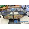 Image 1 : **Brown Metal Faux Stone Glass Top Coffee Table