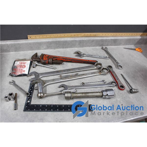 Assorted Wrenches, Sockets, Ratchets, Pipe Wrench