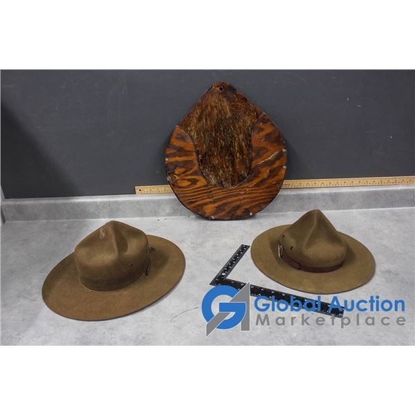 (2) Boy Scout Leader Hat and Boy Scout Hat with Wooden Holder
