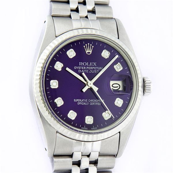 Rolex Mens Stainless Steel Purple Diamond 36MM Datejust Oyster Perpetual Wristwa