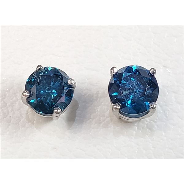 Certified 14K  2 Diamonds(0.72Ct, Si2-I1,Intense Blue) Earrings